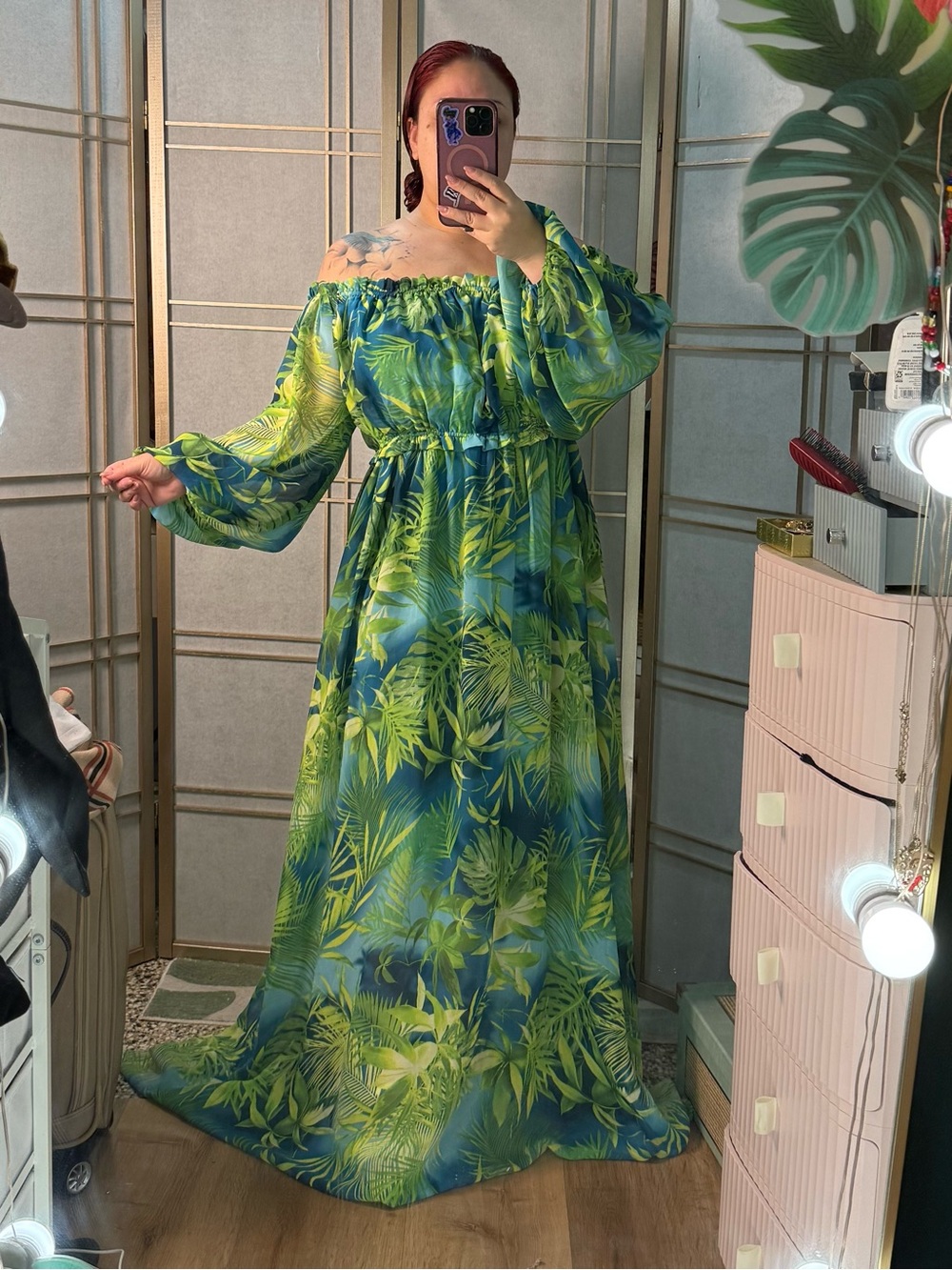 Off-Shoulder Tropical Maxi Dress in Green and Blue Leaf Print